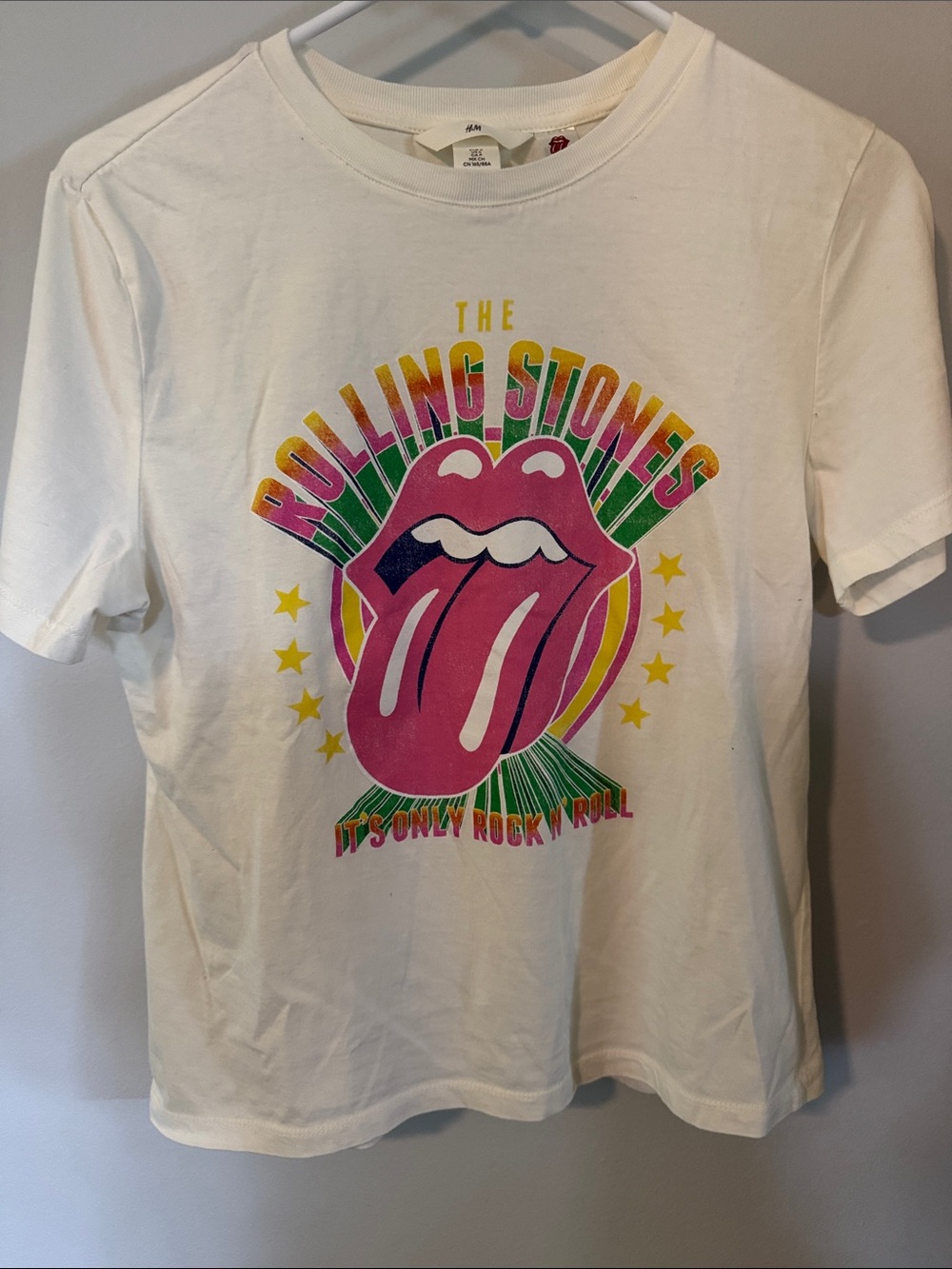 H&M White Tee with Pink Rolling Stones Tongue and Green Accent